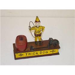  CAST IRON TRICK DOG MECHANICAL BANK W/ CLOWN W/ 