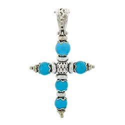 Italian 18K White Gold Turquoise Bead Detailed Open Work Enhancer Cross Pendant