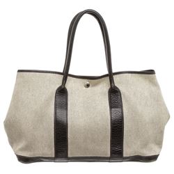 Hermes Beige Canvas Black Leather Medium Garden Party Tote Bag