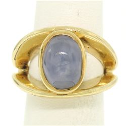 14K Yellow Gold Split Shank Bezel Cabochon Blue Star Sapphire Mens Ring