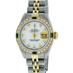 Rolex Ladies 2 Tone White Diamond & Emerald Datejust Wristwatch