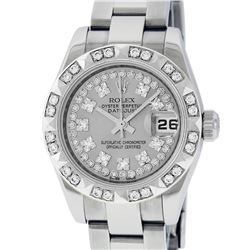 Rolex Ladies Stainless Steel Quickset Slate Grey String Diamond Datejust Wristwa