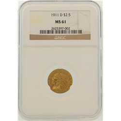 1911-D $2.5 Indian Head Quarter Eagle Gold Coin NGC MS61