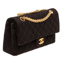 Chanel Black Quilted Fabric Double Flap Shoulder Handbag