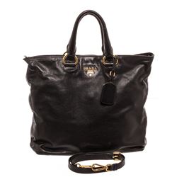 Prada Nero Black Leather Vitello Daino North-South Tote Bag