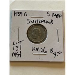 1959 Switzerland 5 Rappen in MS High Grade Nice Early Coin