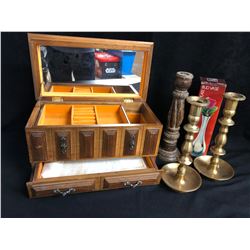JEWELRY BOX/ CANDLE HOLDERS LOT