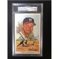 EDDIE MATHEWS SIGNED PEREZ STEELE INDEX CARD ( PSA DNA)