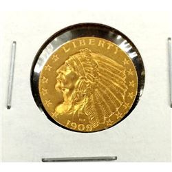 1909 $2.5 Gold Indian in 2x2 XF AU Grade