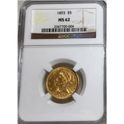 1893 MS 62 NGC $5 Gold Liberty
