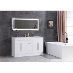 WHITE BATHROOM VANITY - PHOENIX STONE COUNTER-TOP WITH UNDER MOUNT DOUBLE SINKS - 60" W X 18"D X