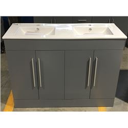 GREY BATHROOM VANITY - CERAMIC COUNTER WITH UNDER MOUNT DOUBLE SINKS - 48 W X 18 D X 35.5 H