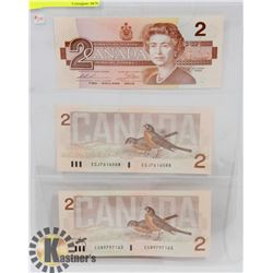 LOT OF 3 CANADIAN $2 BILLS 1986 ROBIN