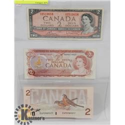 LOT OF 3 CANADIAN $2 BILLS 1954, 1974, 1986