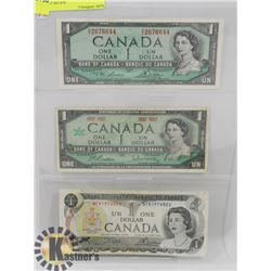 LOT OF 3 CANADIAN $1 BILLS, 1973, 1954,1967 NO S/N
