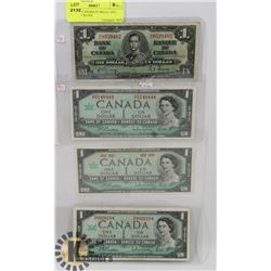 LOT OF 4 CANADIAN $1 BILLS, 1937, 1967,1967 NO S/N