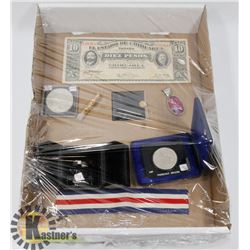 FLAT OF ASSORTED JEWELLERY, CURRENCY AND