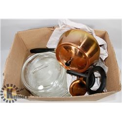 LOT OF ASSORTED PYREX, CORNING, COPPER FONDUE