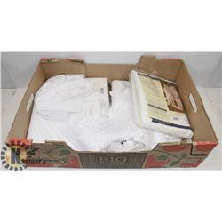 BOX OF NEW SCARF VALANCES AND MORE.