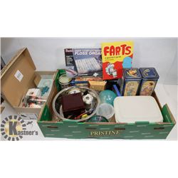 FLAT OF TOFFEE TINS, KITCHEN, TEA LIGHTS AND MORE.