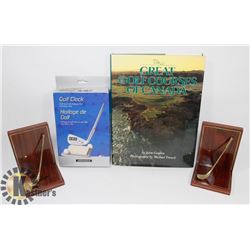 FLAT OF GOLF THEME ITEMS INCLUDING BRASS AND WOOD