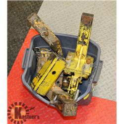 BIN OF ASST HITCHES, MISC BALLS & ADAPTERS INCL