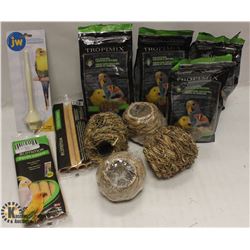 BOX OF ASSORTED BIRD ITEMS INCL FOOD, PERCH &