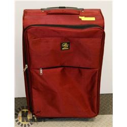 MAROON LUGGAGE WITH EXPANDABLE HANDLE AND WHEELS.