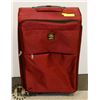 Image 1 : MAROON LUGGAGE WITH EXPANDABLE HANDLE AND WHEELS.