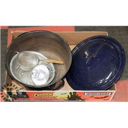 VINTAGE ENAMEL CANNER (HAS SMALL DENT) WITH