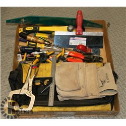 BOX W/ KUNYS TOOL BELT, CLAMPS, PLANE AND MORE.