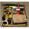 Image 1 : BOX W/ KUNYS TOOL BELT, CLAMPS, PLANE AND MORE.