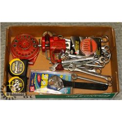 BOX W/ VARIOUS WRENCHES AND STANLEY MEASURING TAPE