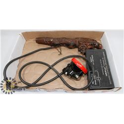 HAND CARVED WOOD FLUTE AND MINERS LIGHT WITH