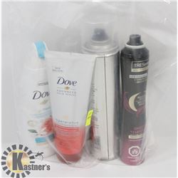 BAG OF SHAMPOO, HAIR SPRAY, AND MORE
