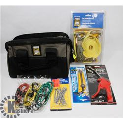 TOOL BAG WITH RATCHET TIE DOWN STRAP, BUNGEE