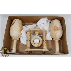 STONE WINE GOBLETS AND MATCHING CLOCK.