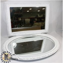 PAIR OF WHITE FRAMED MIRRORS, ONE OVAL.