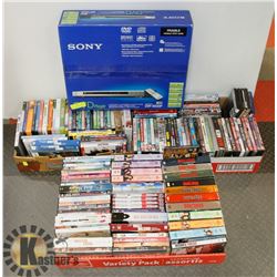 SONY DVD PLAYER NEW IN BOX, 3 BOXES OF DVDS AND