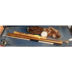 BUNDLE OF BASEBALL ITEMS INCLUDING TWO BATS,