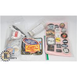 BOX OF BUTTONS, PATCHES, KEYCHAINS, JAMES BOND