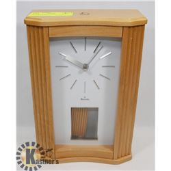 BULOVA TABLE CLOCK, WOODEN CASE, 10" TALL
