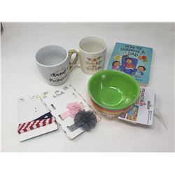 Lot of Ceramic Mugs, Kids Bowls, Hair Bands and Board Book