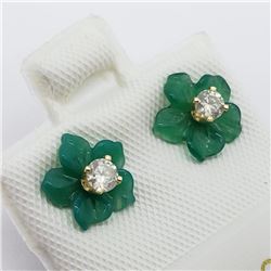 14K Yellow Gold Diamond Stud(0.18ct) Carved Green Agate Jacket Earrings (~weight 7.2g), Made in Cana
