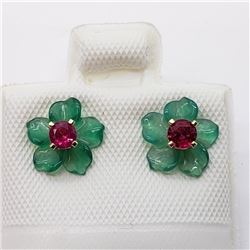 14K Yellow Gold Burmese Ruby(0.24ct) Green Agate Flower Jacket Earrings, Made in Canada, Suggested R