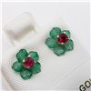 Image 4 : 14K Yellow Gold Burmese Ruby(0.24ct) Green Agate Flower Jacket Earrings, Made in Canada, Suggested R