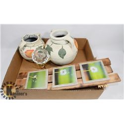 FLAT OF DECORATIVE POTS, CANDLE HOLDER & WALL