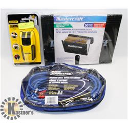 LOT OF NEW ITEMS INCL JUMP CABLE, STUD FINDER, 50