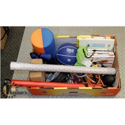 BOX OF WORK OUT ACCESSORIES AND DVDS.