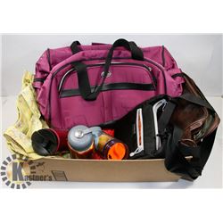 ASSORTED HAND BAGS WITH TRAVEL MUGS AND PURPLE